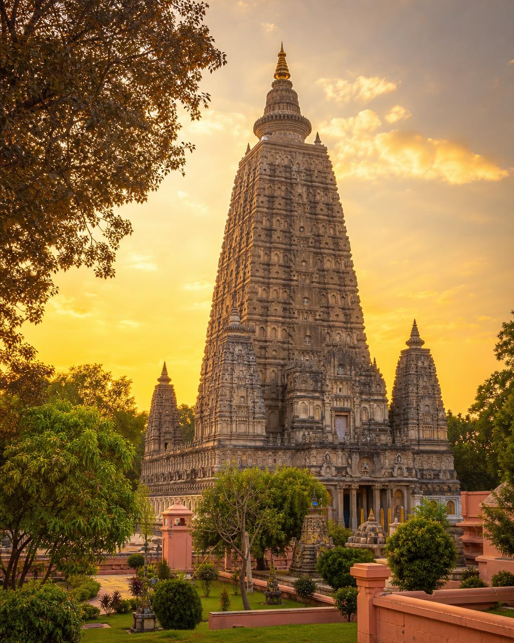 Mahabodhi Temple in Bodhgaya at golden hour